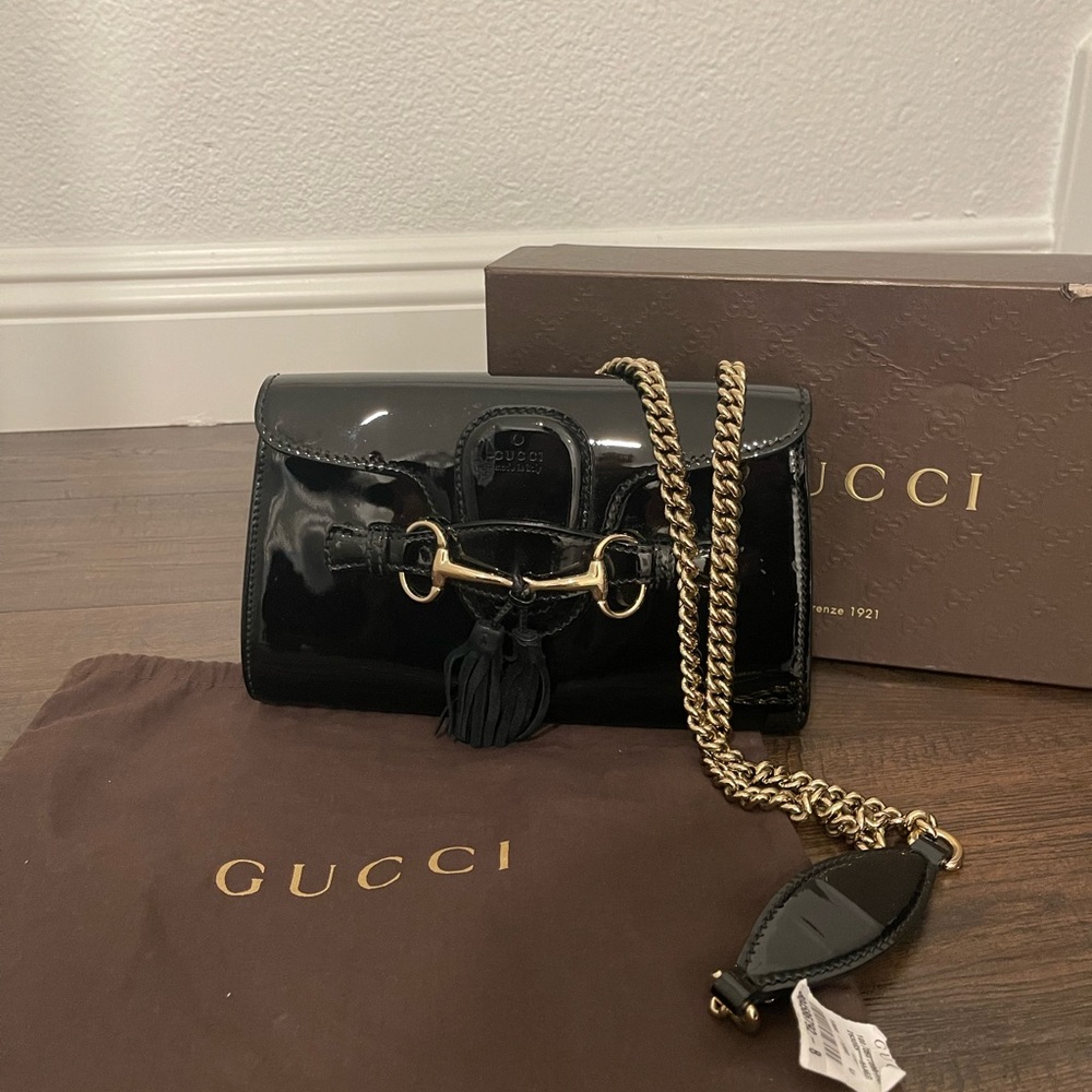 Gucci Patent Leather Shoulder Bag with Gold Horsebit Hardware